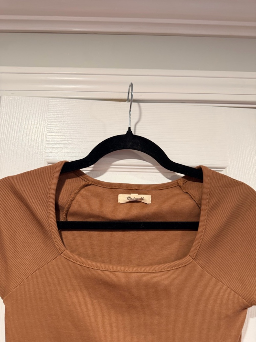 NWOT Madewell Size S Brown Square Neck Short Sleeve Ribbed Stretch Cropped Top - Picture 2 of 8